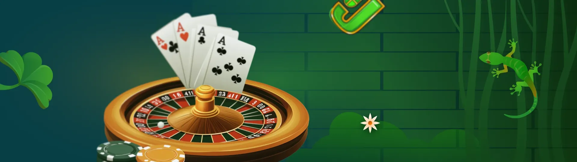 Roulette wheel, playing cards and the Gecko Play gecko